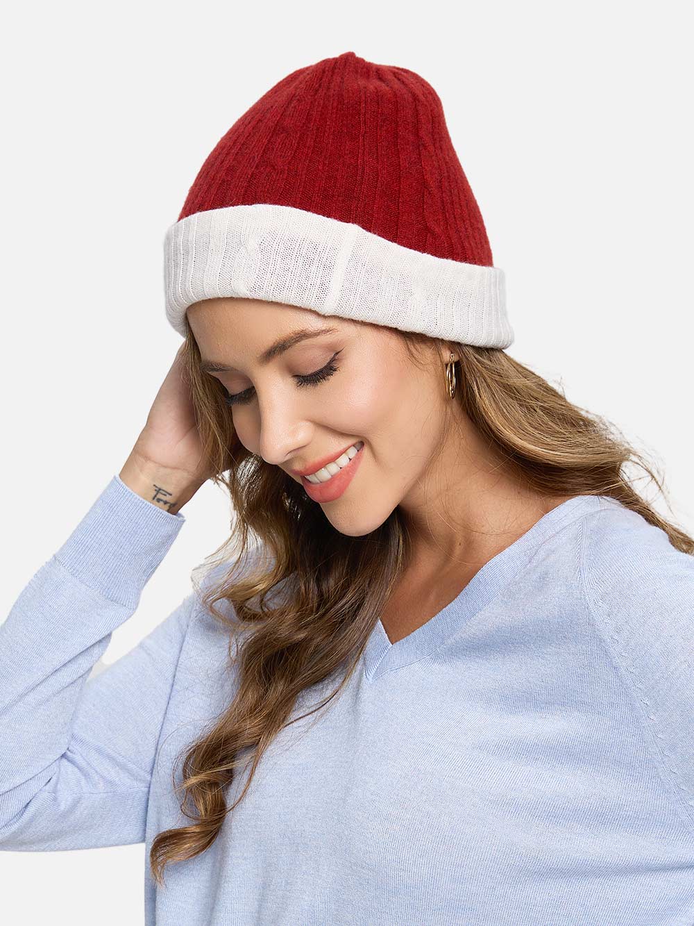 4-Way Cashmere Beanie - White/Wine Red - Image 3