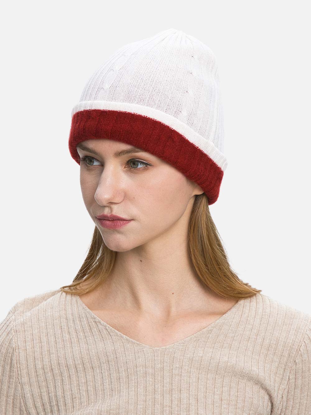 4-Way Cashmere Beanie - White/Wine Red - Image 4
