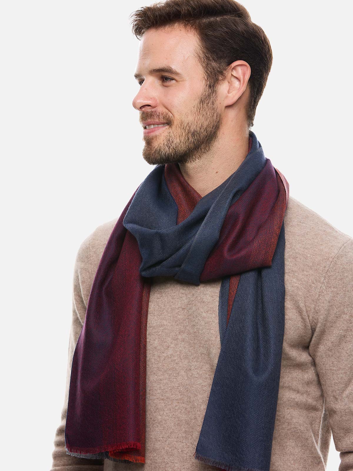 Blue Burgundy Herringbone Mens Cashmere Scarf - Image 3