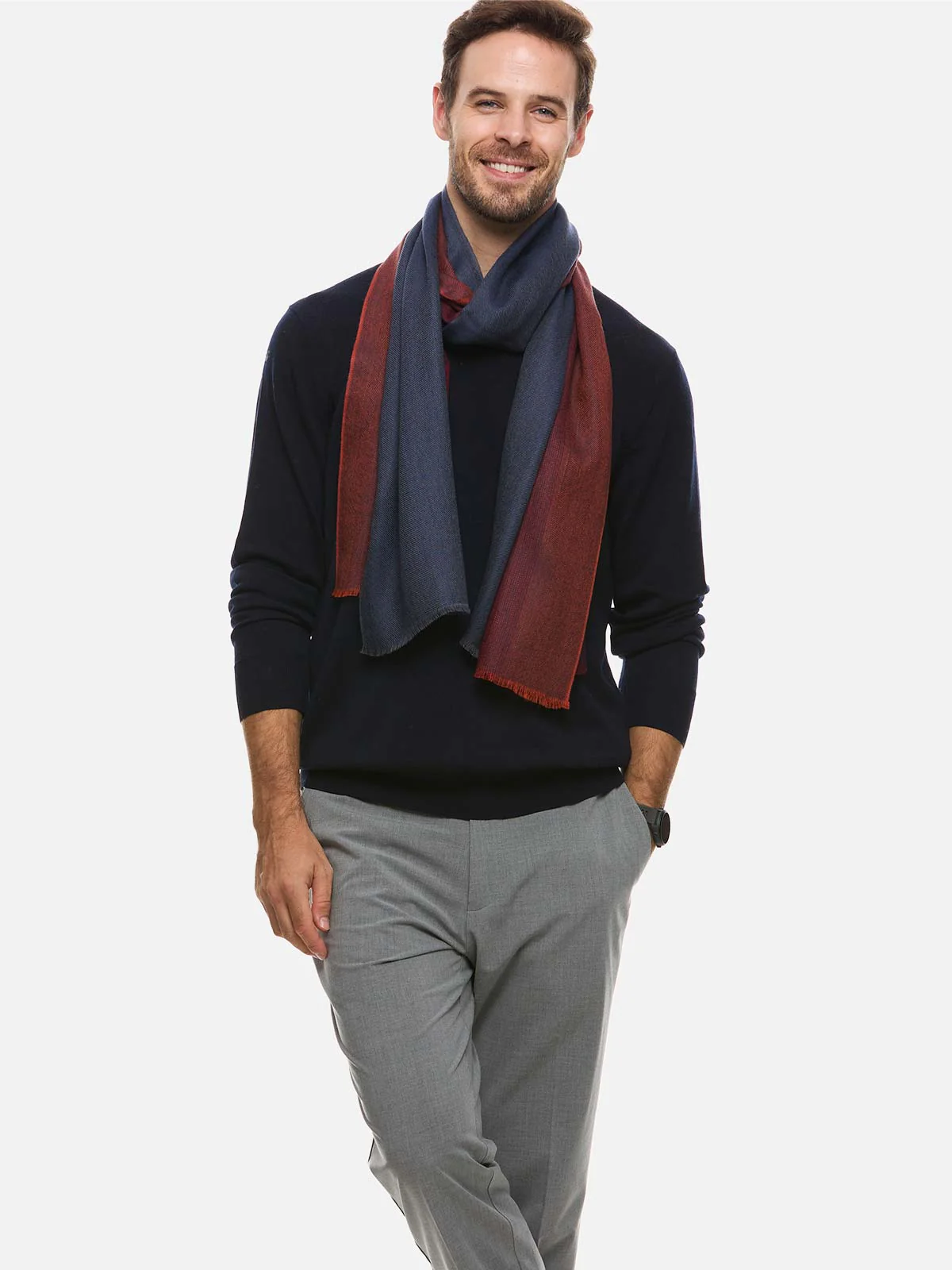 Blue Burgundy Herringbone Mens Cashmere Scarf - Image 4