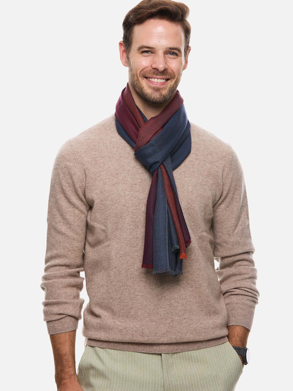 Blue Burgundy Herringbone Mens Cashmere Scarf - Image 5