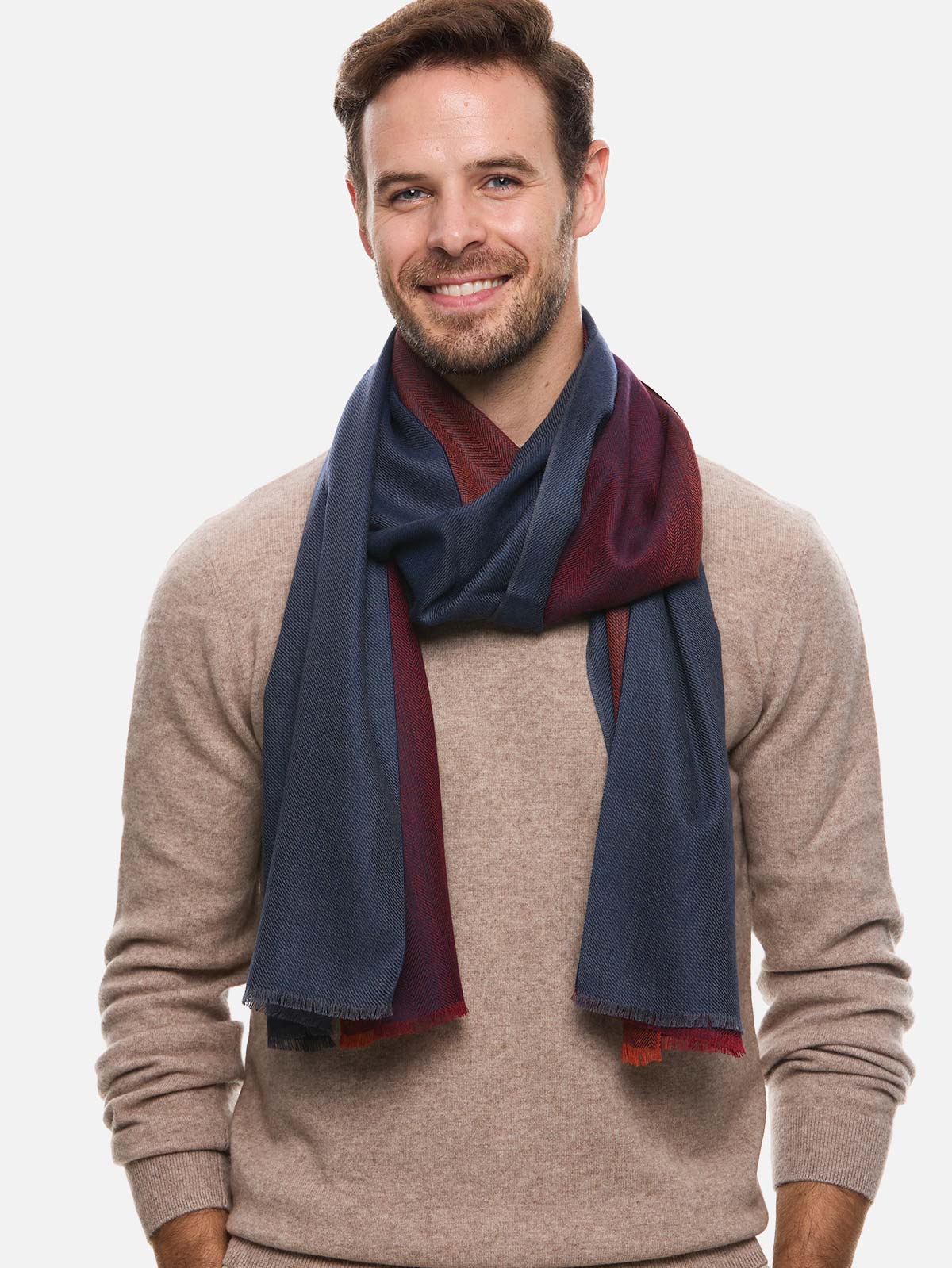 Blue Burgundy Herringbone Mens Cashmere Scarf - Image 6