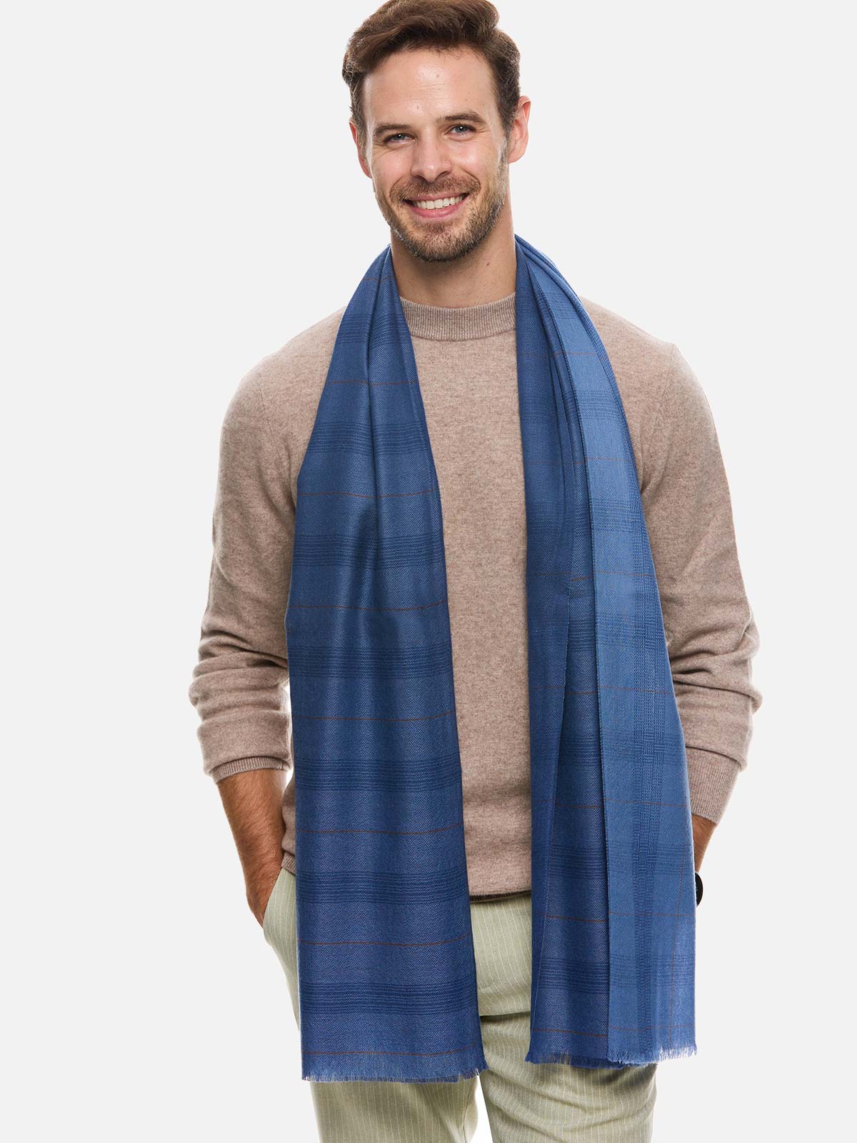 Blue Check Mens Cashmere Scarf - Image 5