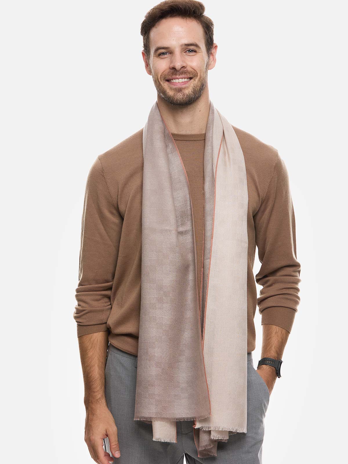 Camel Checkered Mens Cashmere Scarf - Image 3