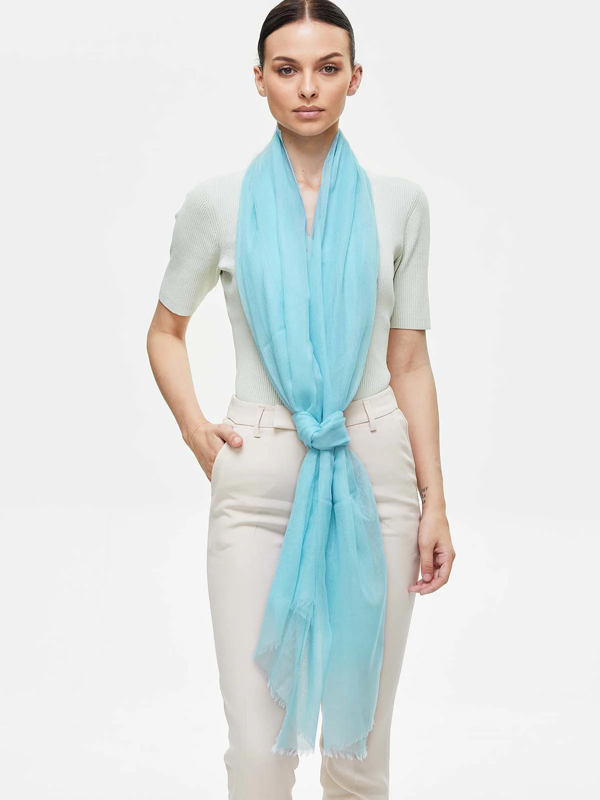 Featherlight Aqua Blue Cashmere Scarf - Image 4