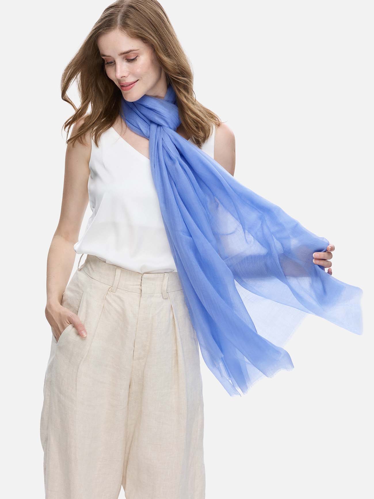 Featherlight Cornflower Blue Cashmere Scarf - Image 3