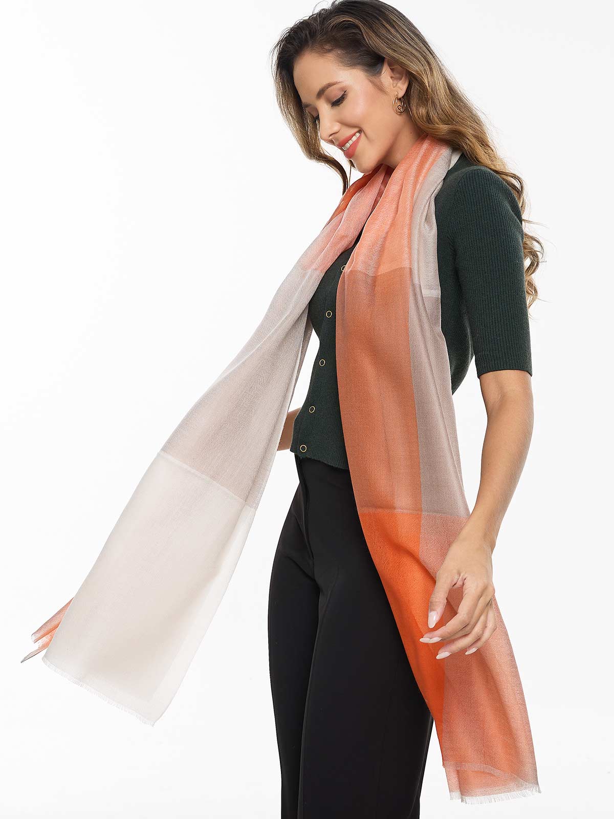 Featherlight Orange White Cashmere Scarf - Image 5