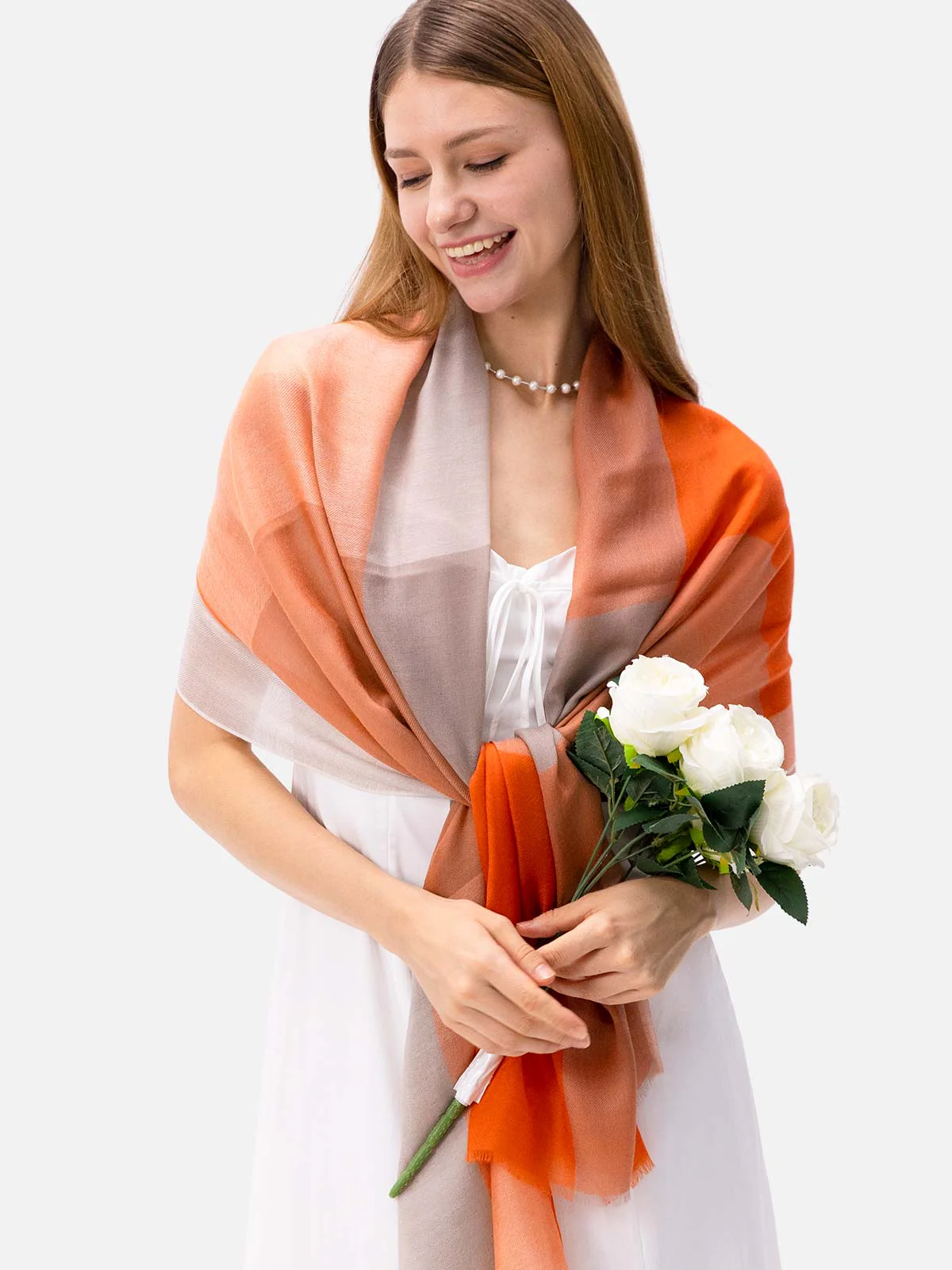 Featherlight Orange White Cashmere Scarf - Image 6