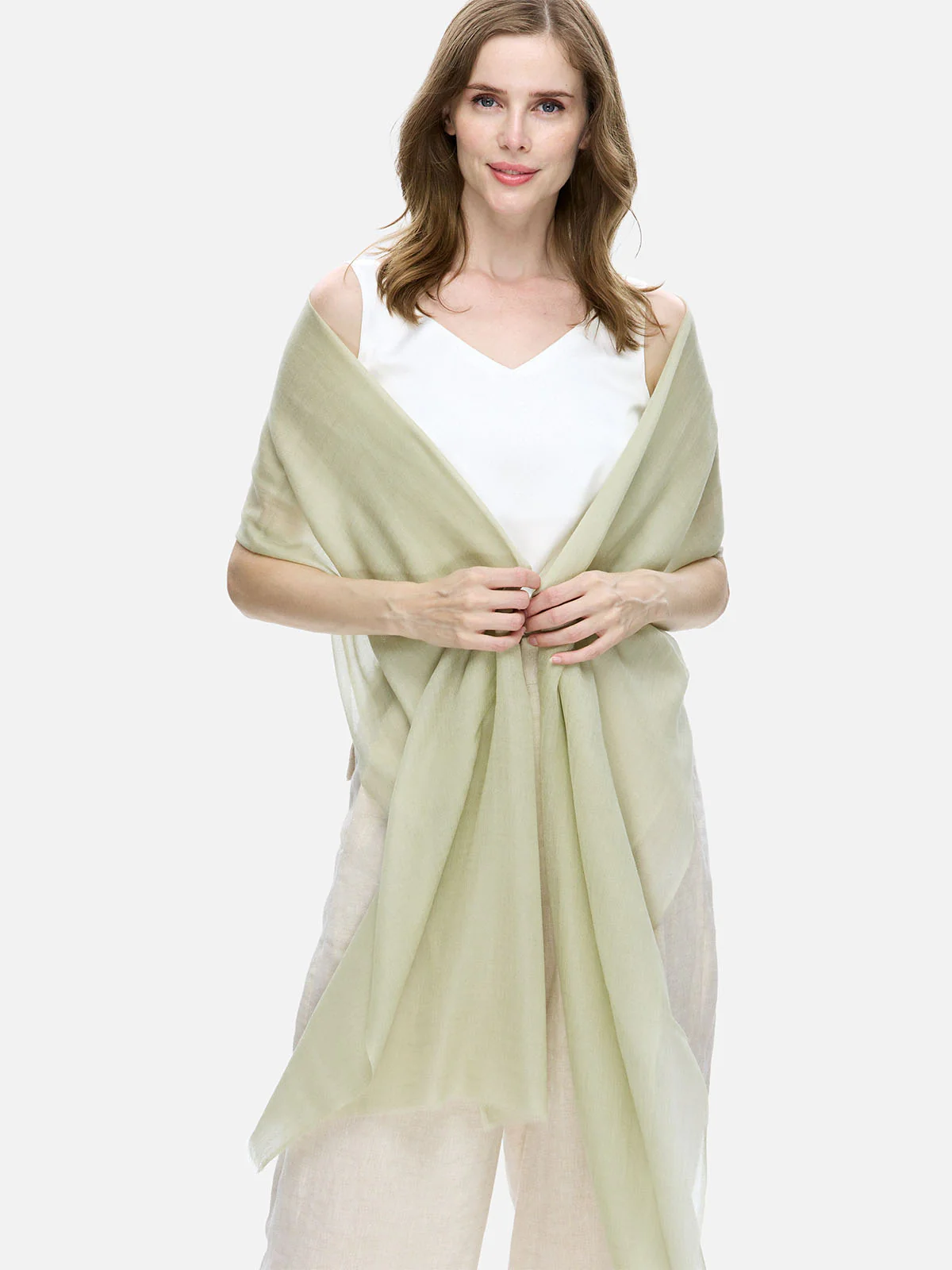 Featherlight Pale Olive Cashmere Scarf - Image 3