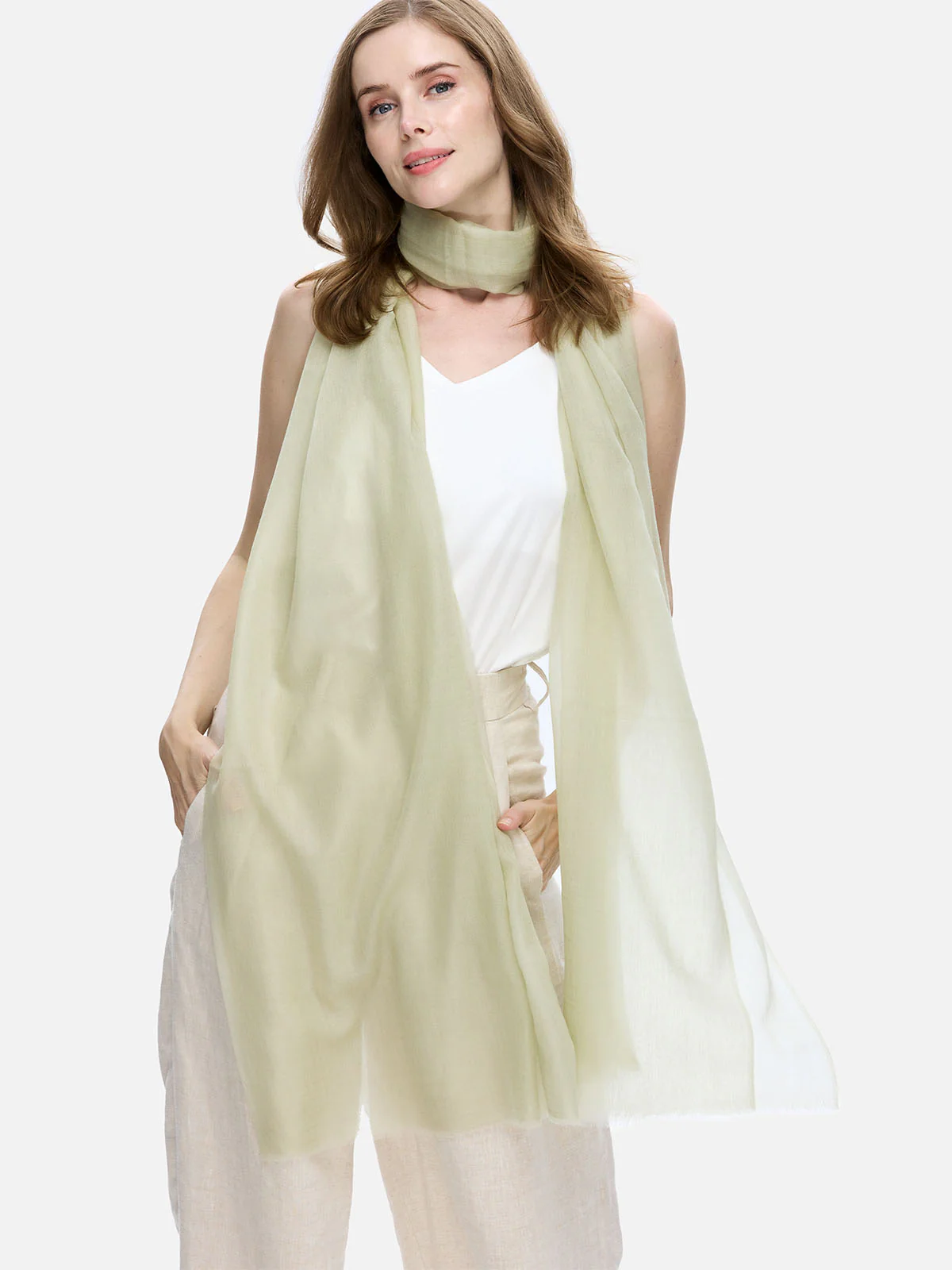 Featherlight Pale Olive Cashmere Scarf - Image 4
