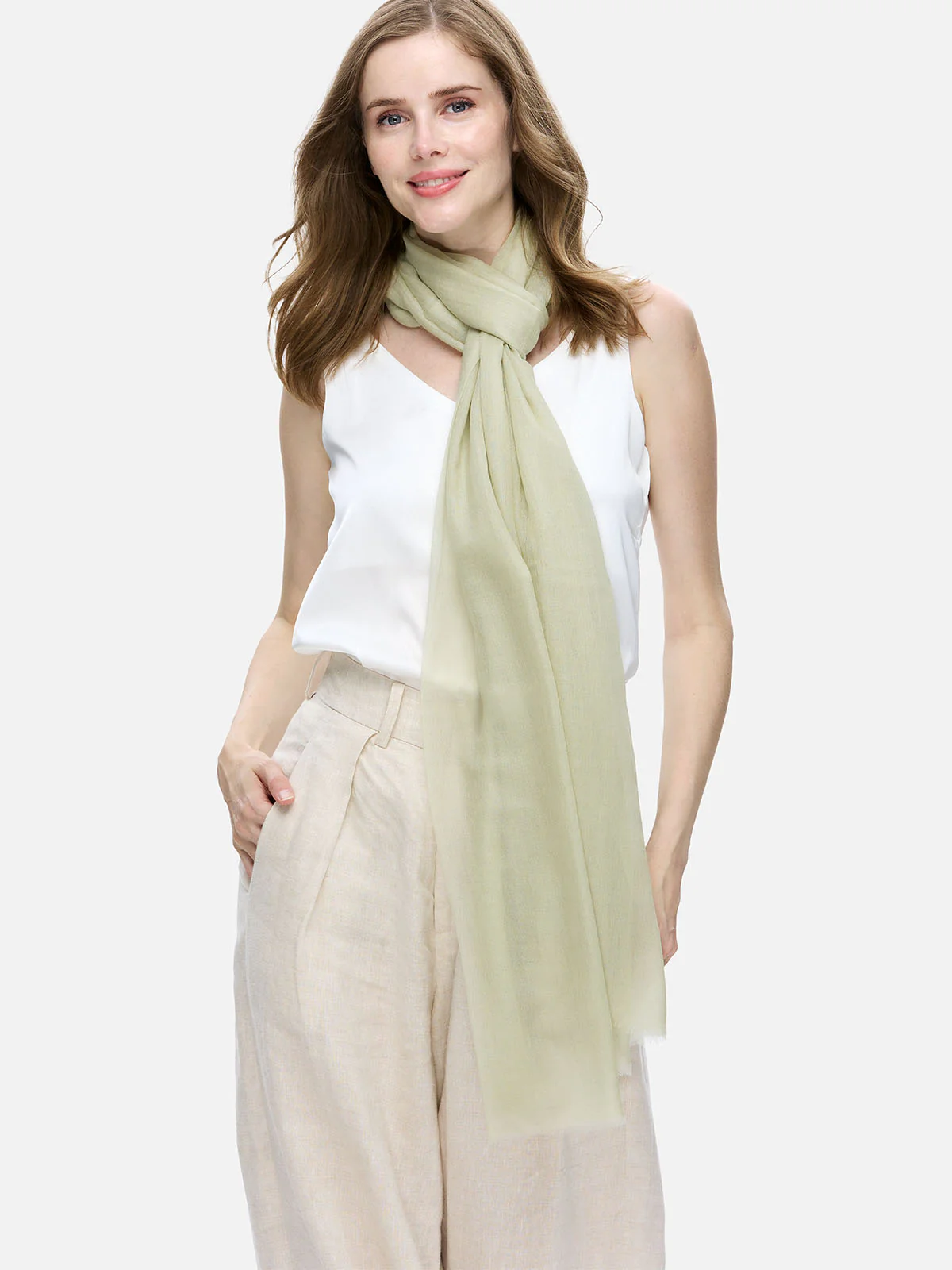 Featherlight Pale Olive Cashmere Scarf - Image 5