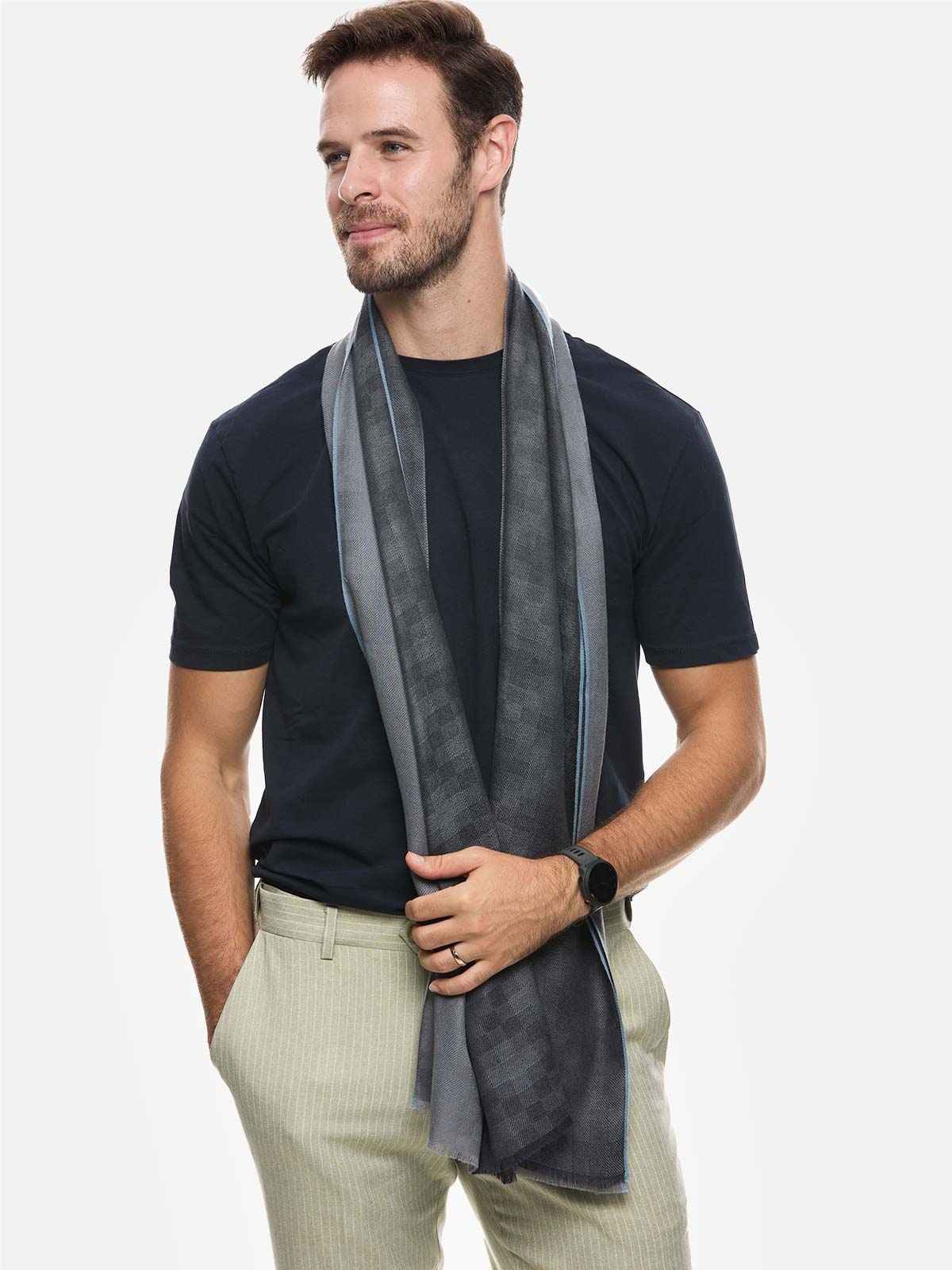 Gray Checkered Mens Cashmere Scarf - Image 3