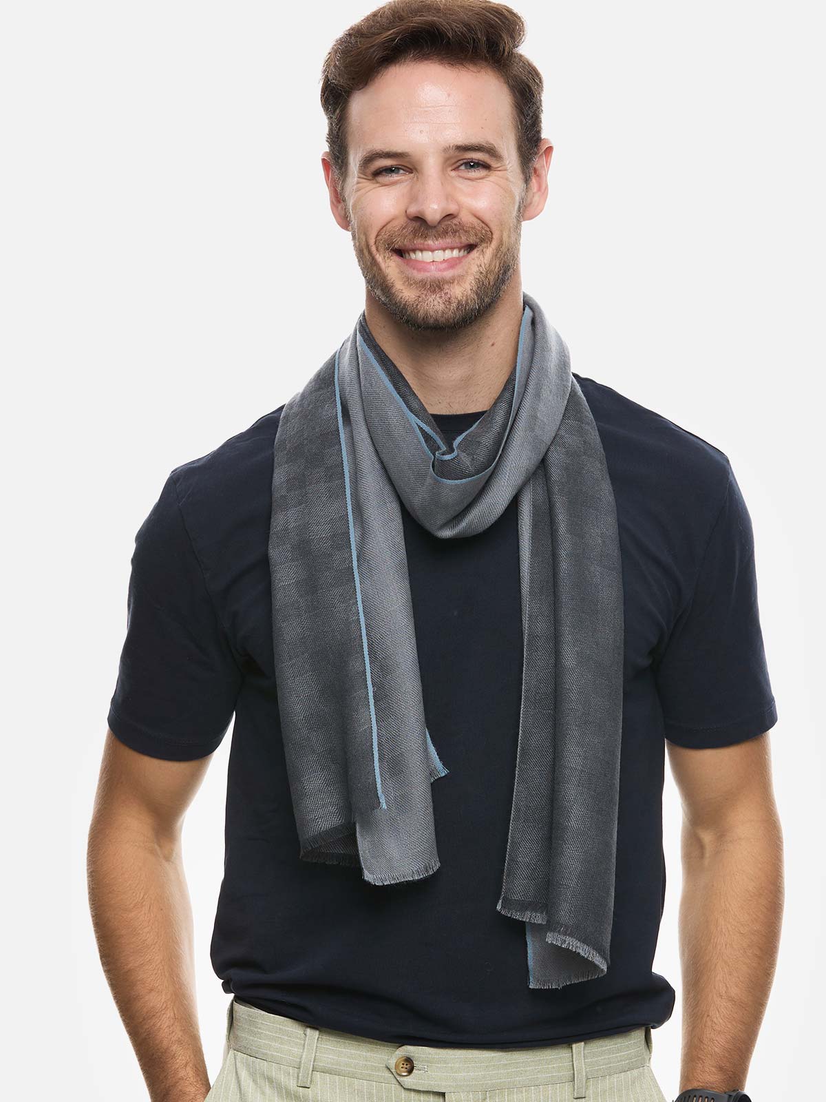 Gray Checkered Mens Cashmere Scarf - Image 4