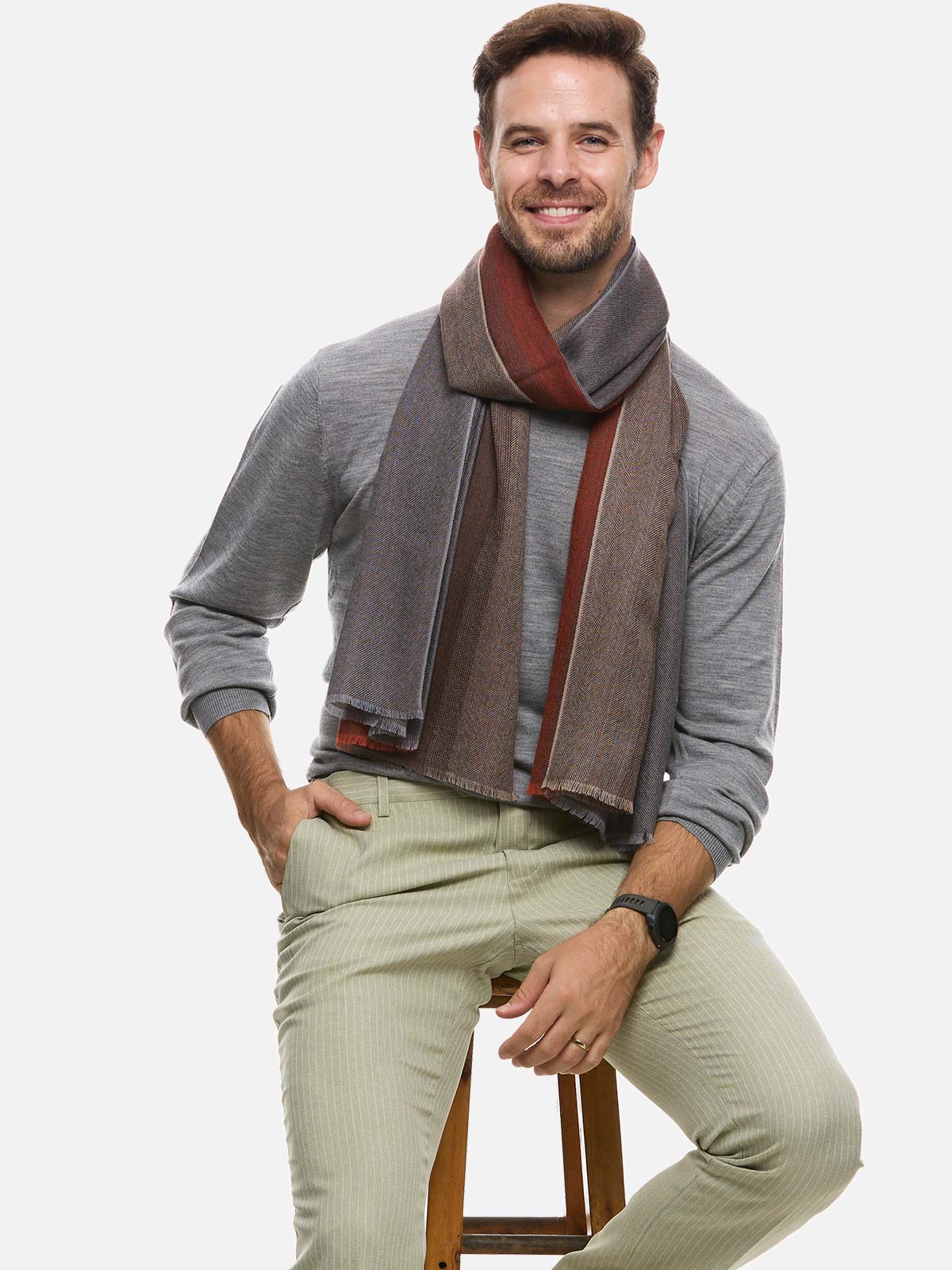 Orange Brown Herringbone Mens Cashmere Scarf - Image 3