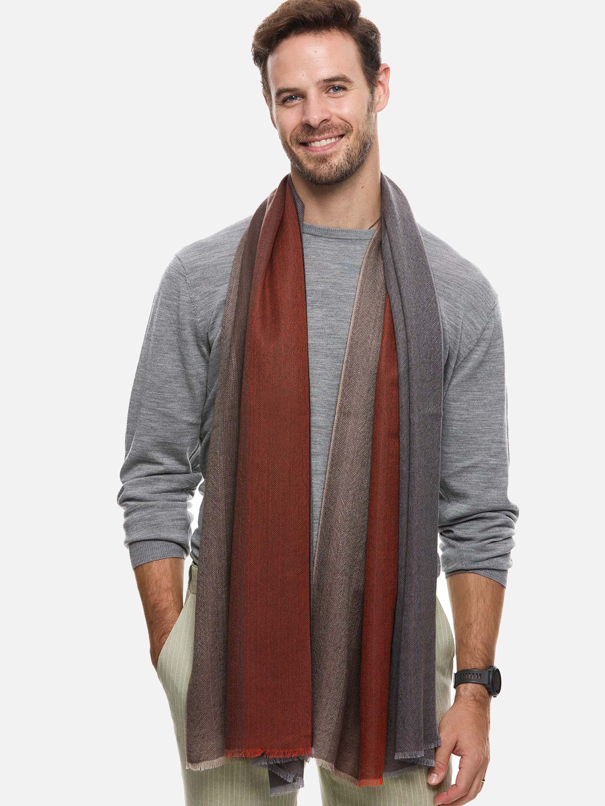 Orange Brown Herringbone Mens Cashmere Scarf - Image 4