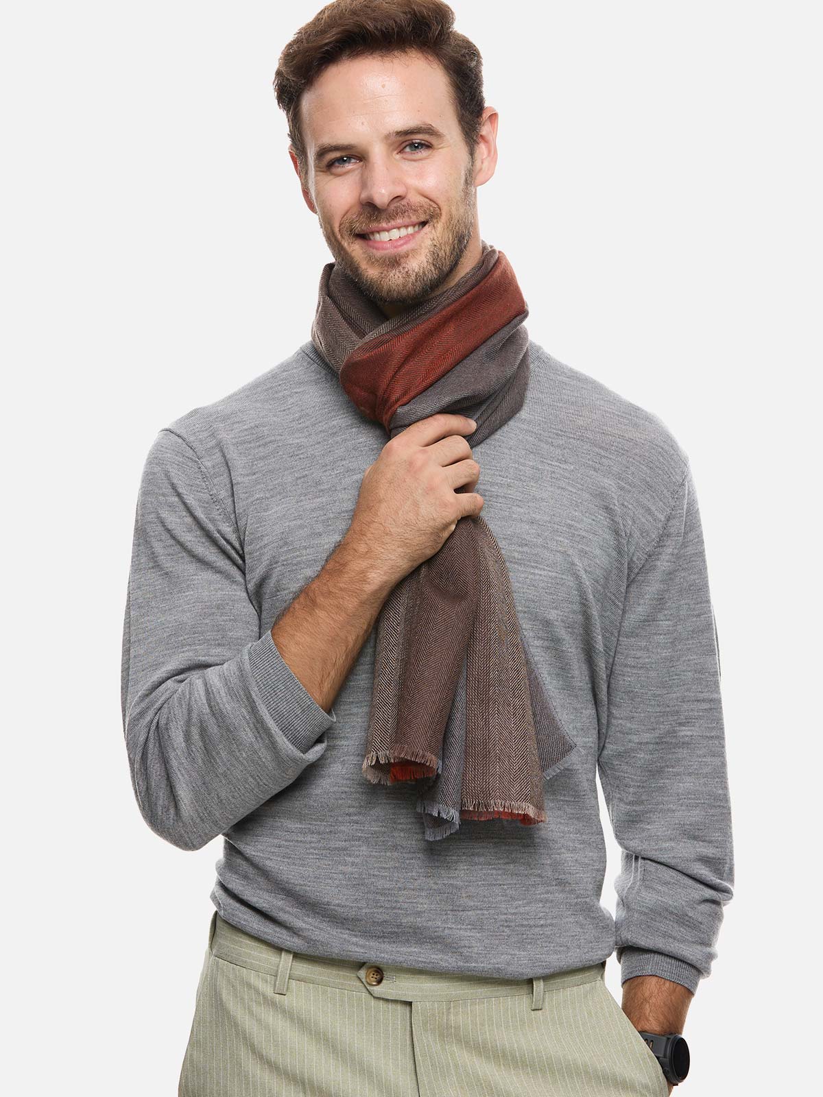 Orange Brown Herringbone Mens Cashmere Scarf - Image 5