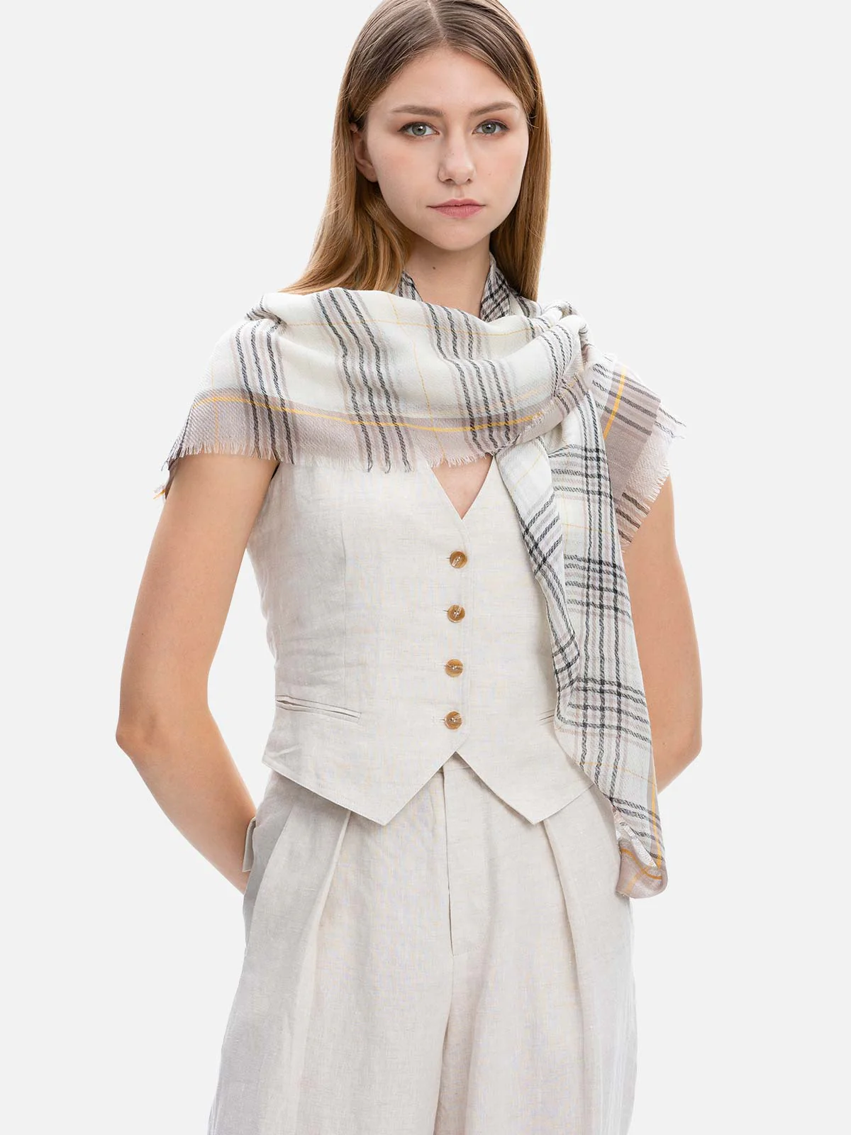 Square - Featherlight Contrast Plaid Cashmere Scarf - Image 3