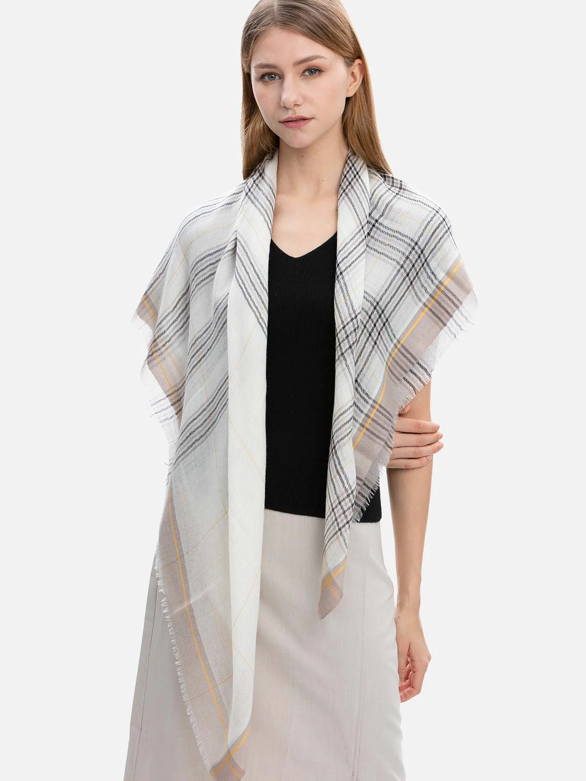 Square - Featherlight Contrast Plaid Cashmere Scarf - Image 4