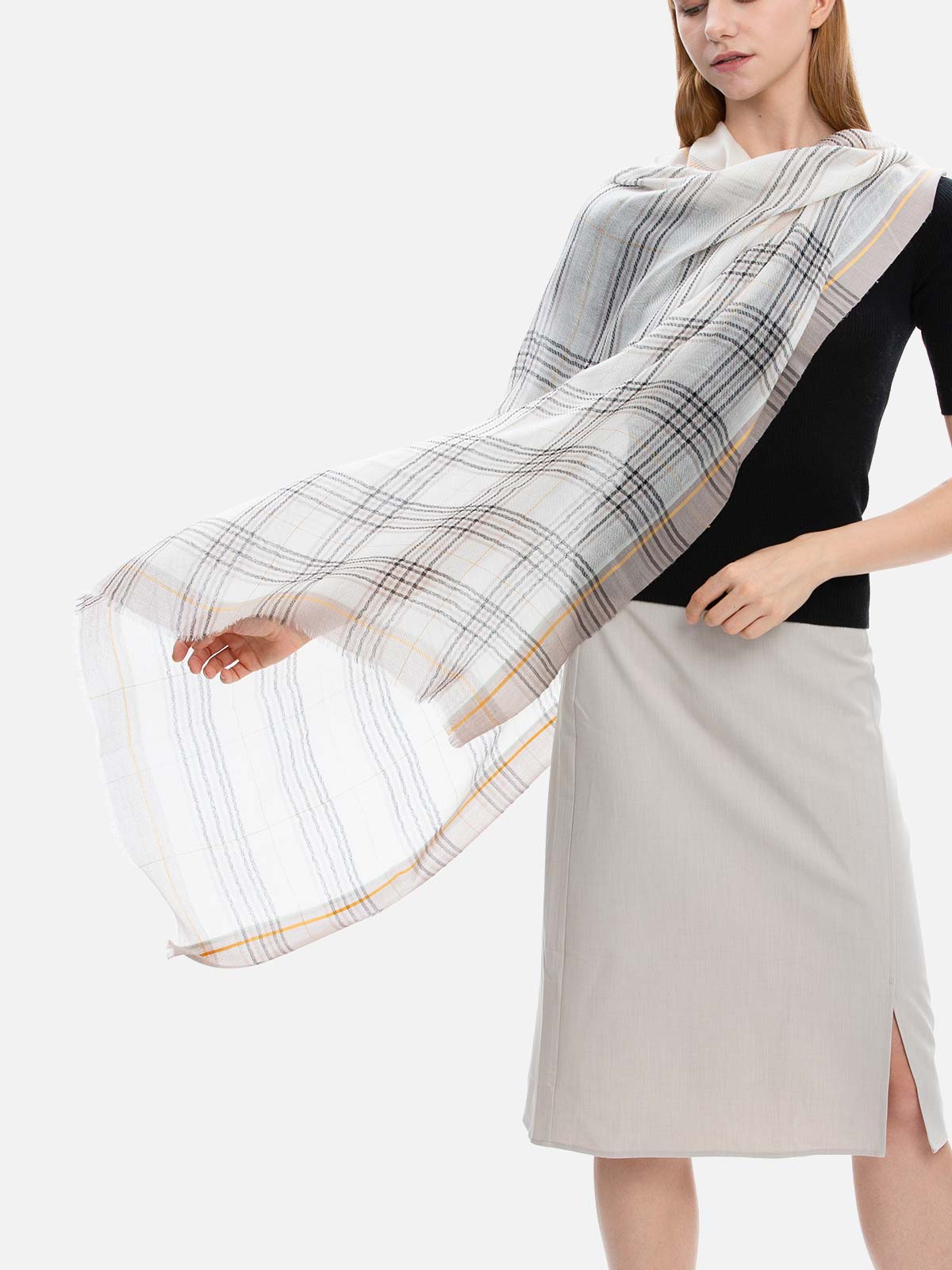 Square - Featherlight Contrast Plaid Cashmere Scarf - Image 6