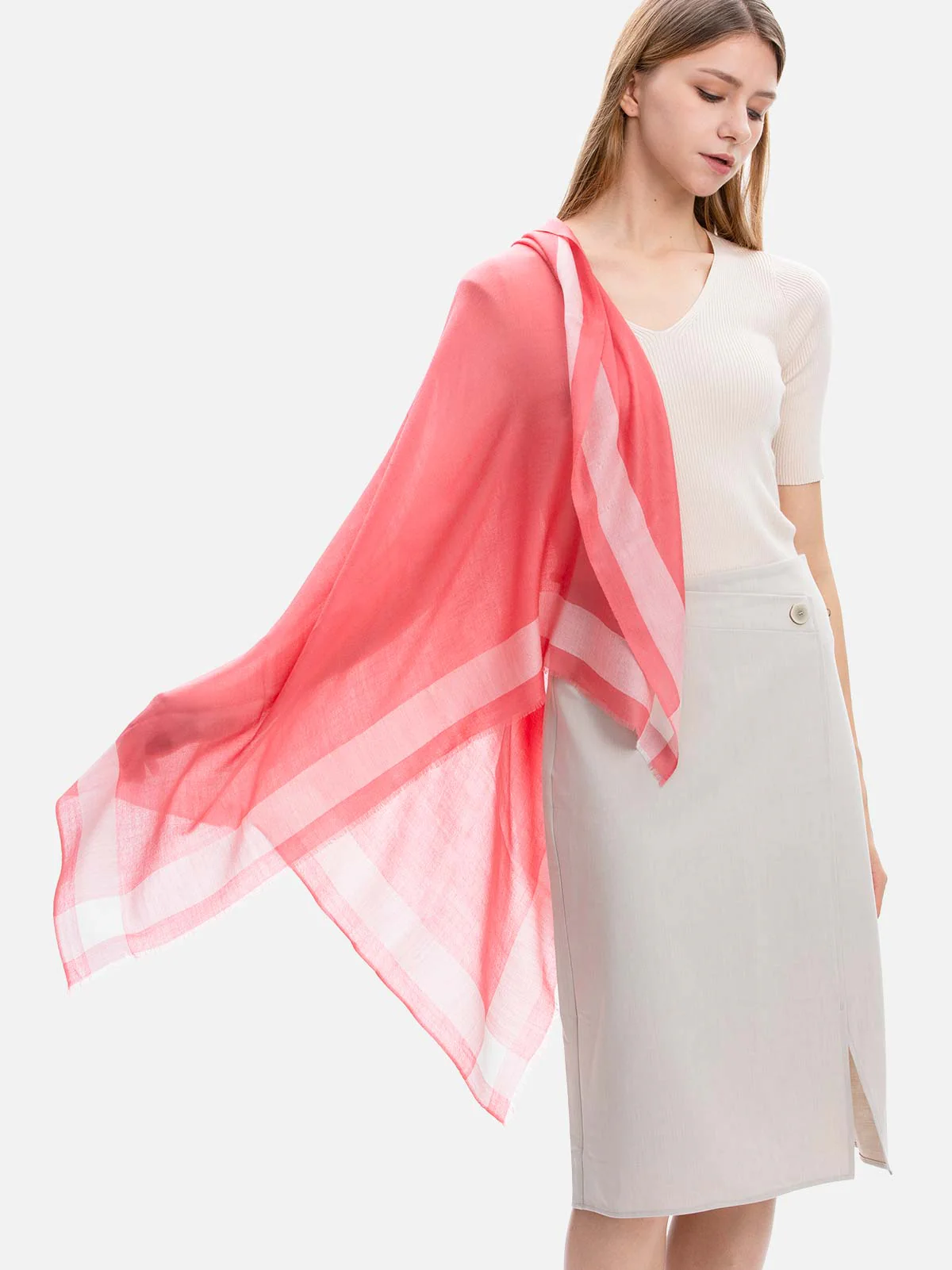 Square - Featherlight Coral Red Cashmere Scarf - Image 4